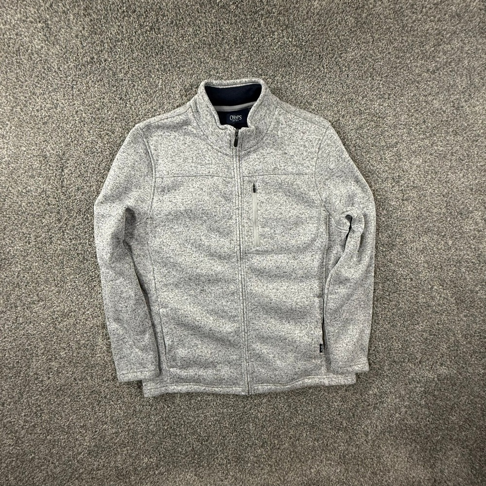 Chaps Mens XL Full Zip Fleece Jacket Gray Heather Sweater Knit Mock Neck Pocket